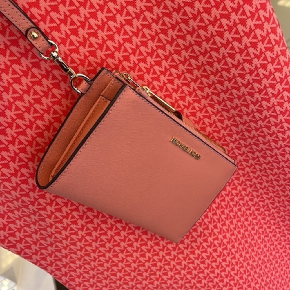 Michael Kors Jet Set Travel Leather Large Double Zip Wallet Wristlet Sherbert - Picture 16 of 16